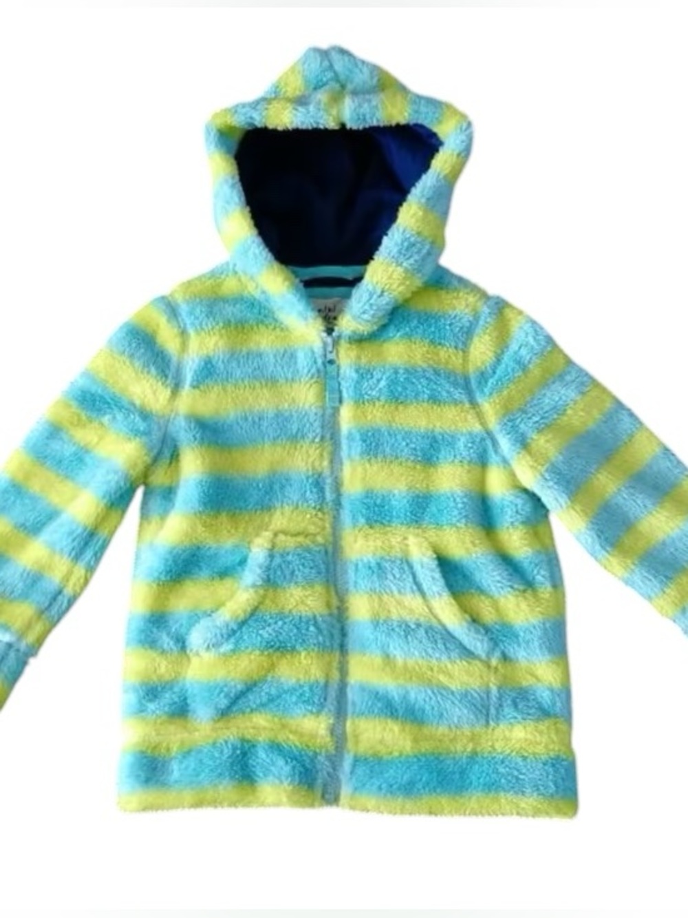 Mini Boden Striped High Pile Fleece Hoodie Kids Blue Green Cozy Zip Up Jacket